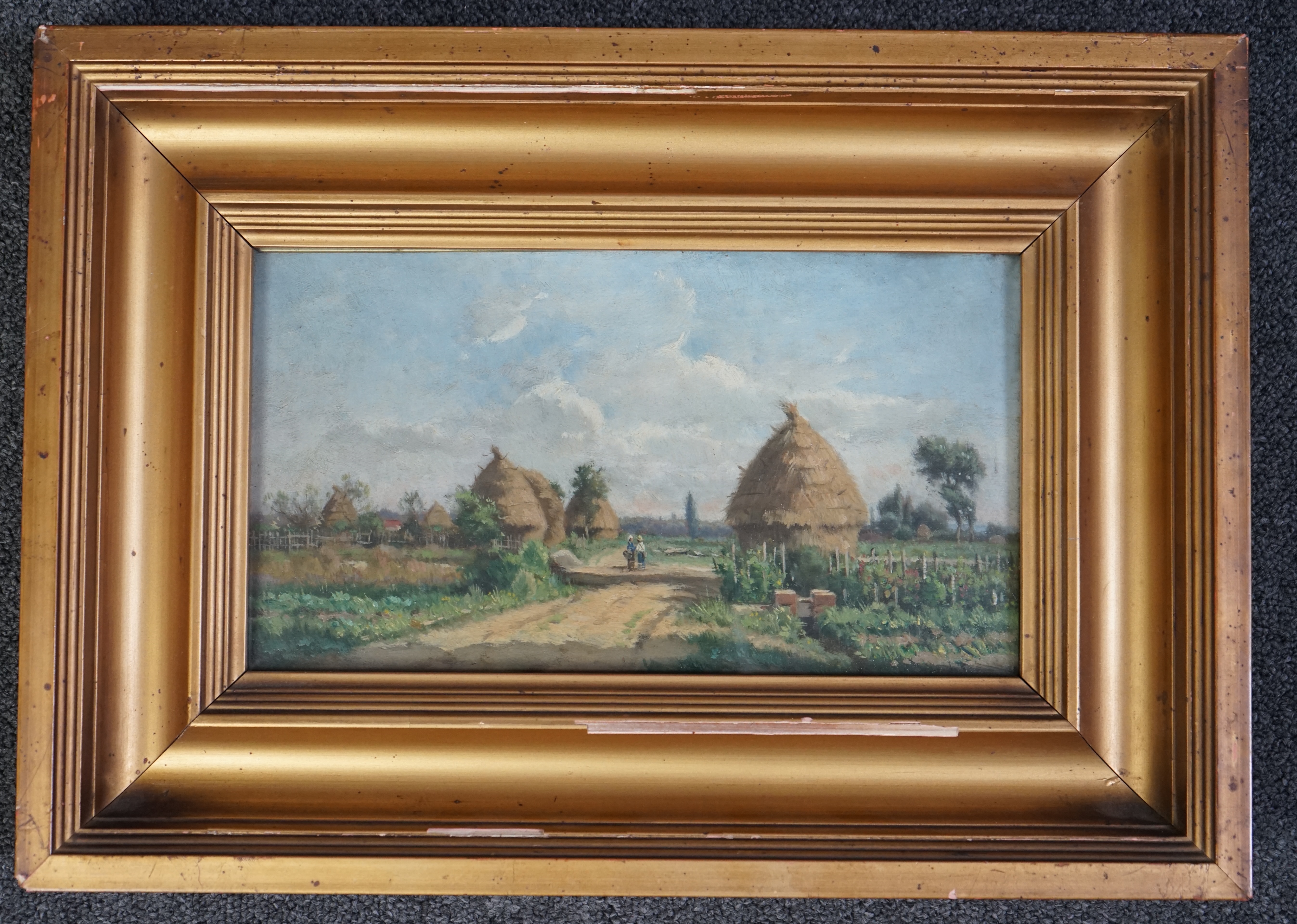 Adrien Jacques Sauzay (French, 1841-1928), Figures in a landscape with haystacks, oil on panel, 16 x 28cm